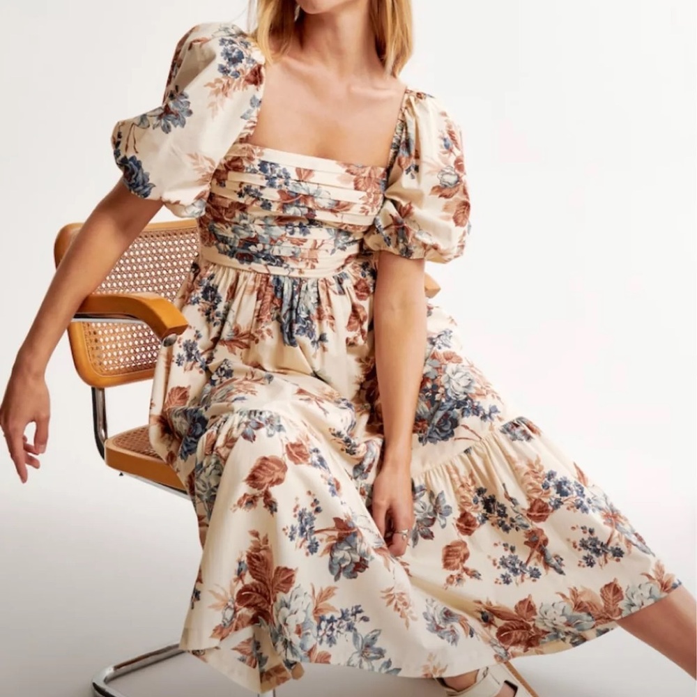 Abercrombie & Fitch Cream Floral Midi Dress with Blue & Brown Blooms